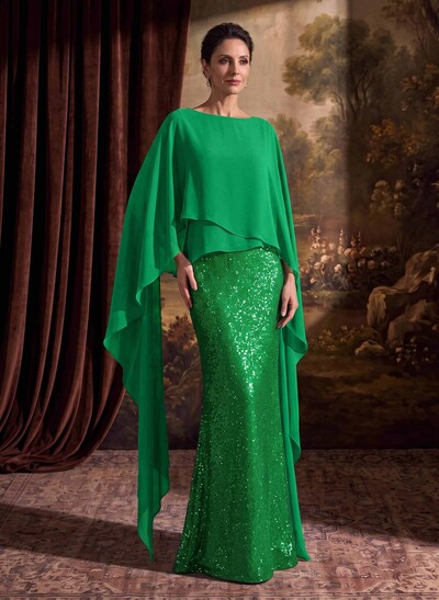 Sheath/Column Scoop Neck Cape Sleeves Floor-Length Chiffon/Sequined(N Evening Dresses With Ruffle/Sweeping Side Drape