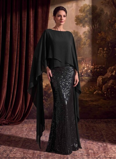 Sheath/Column Scoop Neck Cape Sleeves Floor-Length Chiffon/Sequined(N Evening Dresses With Ruffle/Sweeping Side Drape