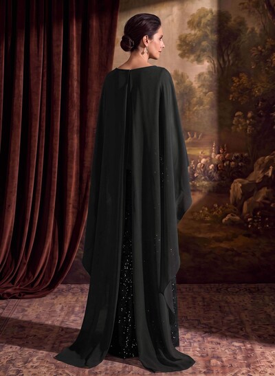 Sheath/Column Scoop Neck Cape Sleeves Floor-Length Chiffon/Sequined(N Evening Dresses With Ruffle/Sweeping Side Drape