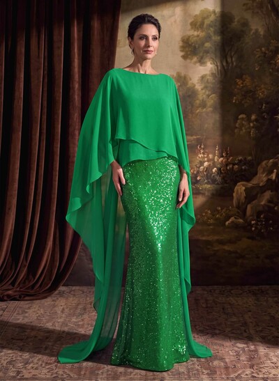 Sheath/Column Scoop Neck Cape Sleeve Floor-Length Chiffon & Sequined Evening Dress With Ruffle & Sweeping Side Drape