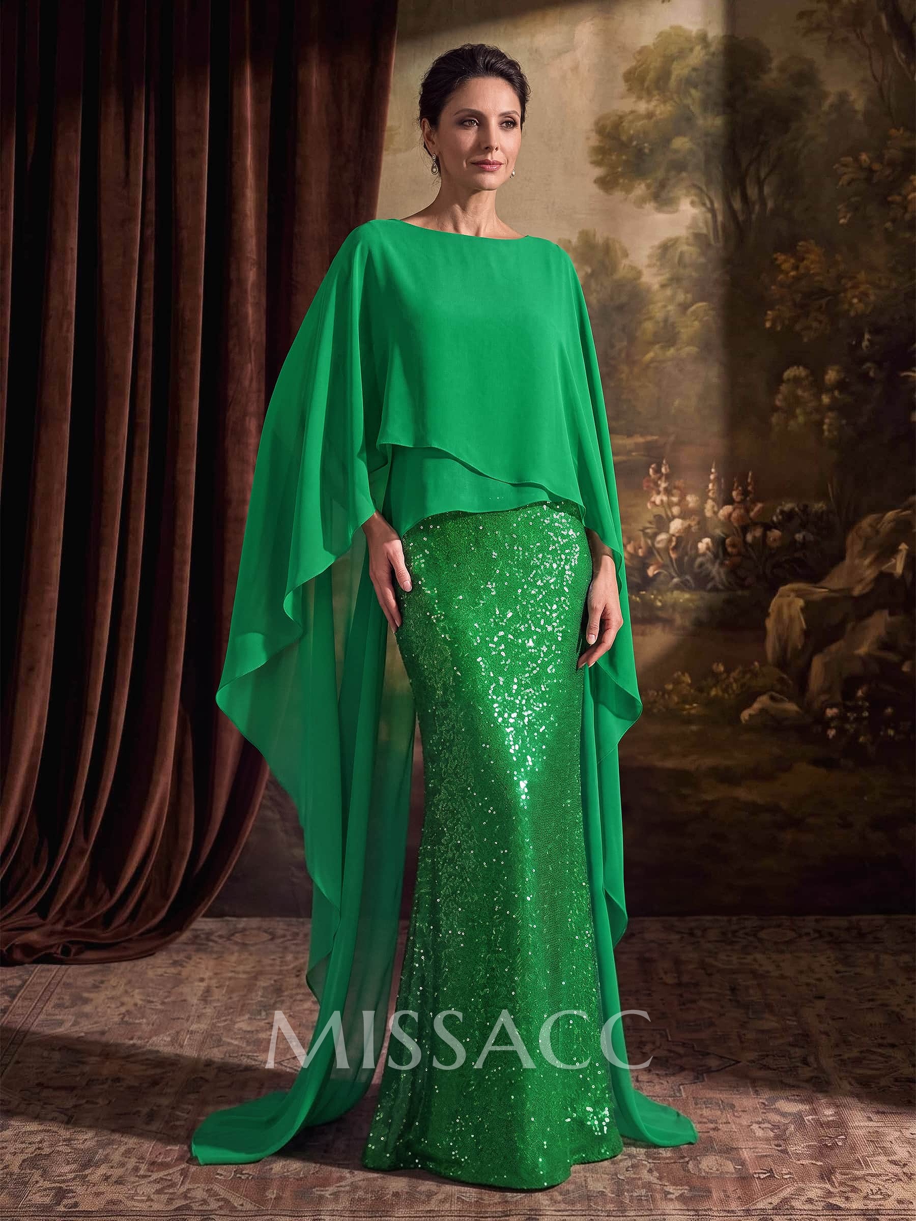 Sheath/Column Scoop Neck Cape Sleeve Floor-Length Chiffon & Sequined Evening Dress With Ruffle & Sweeping Side Drape