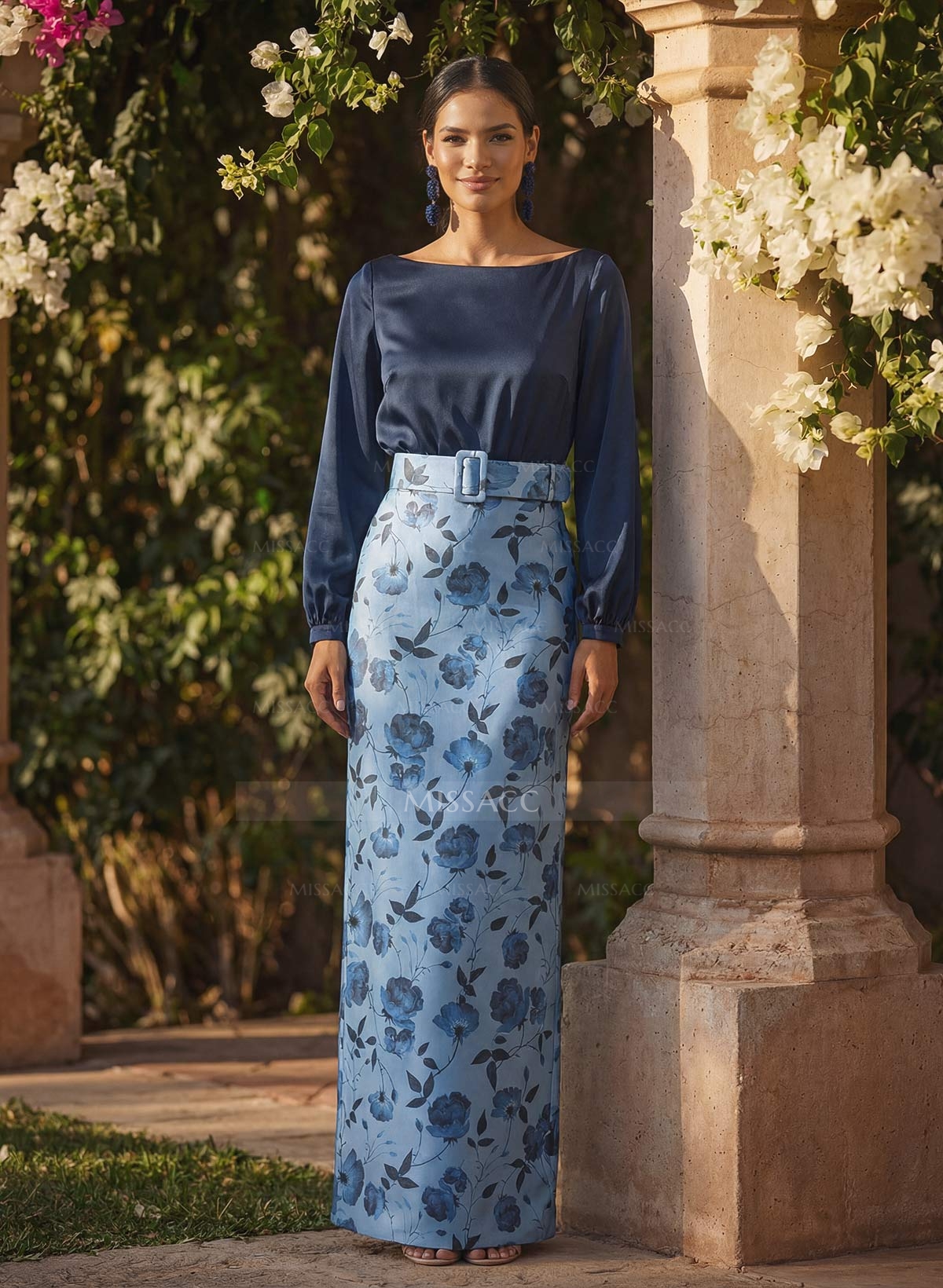 Sheath Column Scoop Neck Long Sleeves Floor-Length Crepe Chiffon Evening Dresses With Flower Back Slit