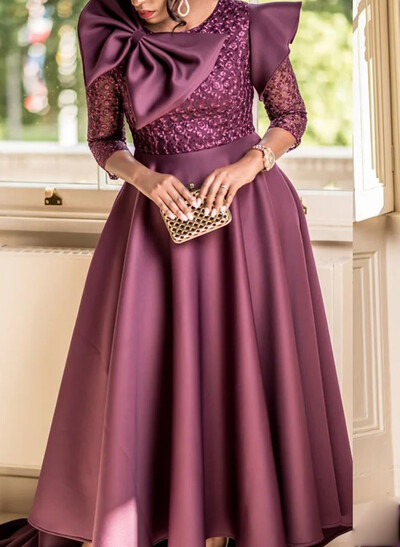 Ball-Gown Scoop Neck 3/4 Sleeves Ankle-Length Lace Satin Evening Dresses With Lace Flower(s) Shoulder Ruffle