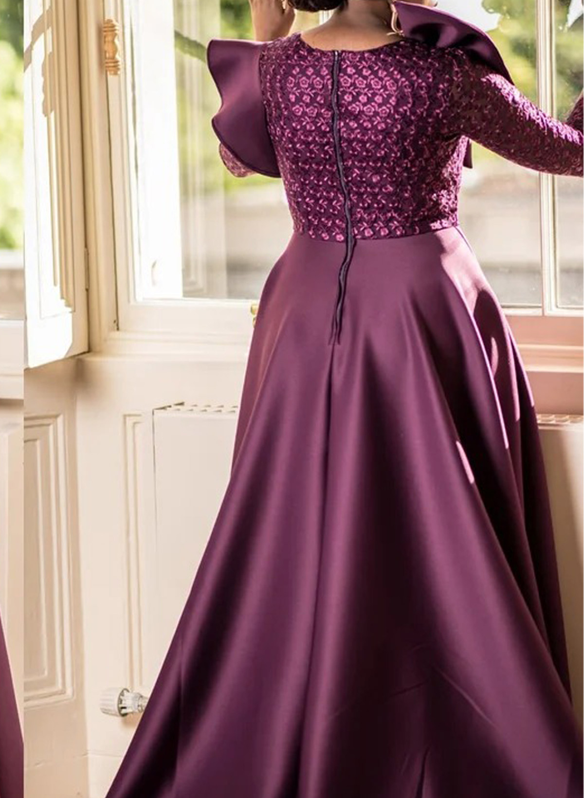Ball-Gown Scoop Neck 3/4 Sleeves Ankle-Length Lace Satin Evening Dresses With Lace Flower(s) Shoulder Ruffle