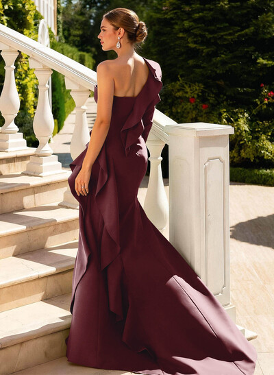 Sheath/Column One-Shoulder Long Sleeves Court Train Elastic Satin Evening Dresses With Cascading Ruffles/High Split/Shoulder Ruffle