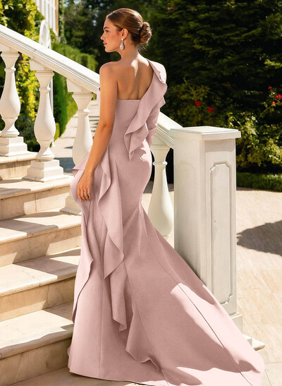 Sheath/Column One-Shoulder Long Sleeves Court Train Elastic Satin Evening Dresses With Cascading Ruffles/High Split/Shoulder Ruffle