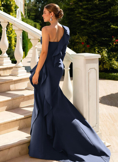 Sheath/Column One-Shoulder Long Sleeves Court Train Elastic Satin Evening Dresses With Cascading Ruffles/High Split/Shoulder Ruffle