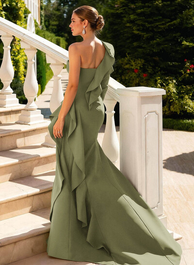 Sheath/Column One-Shoulder Long Sleeves Court Train Elastic Satin Evening Dresses With Cascading Ruffles/High Split/Shoulder Ruffle