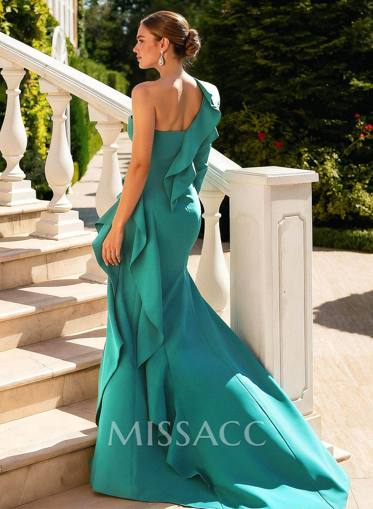 Sheath/Column One-Shoulder Long Sleeves Court Train Elastic Satin Evening Dresses With Cascading Ruffles/High Split/Shoulder Ruffle