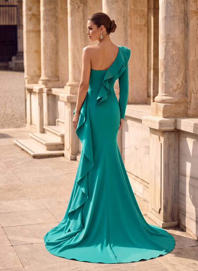 Sheath/Column One-Shoulder Long Sleeves Court Train Elastic Satin Evening Dresses With Cascading Ruffles/High Split/Shoulder Ruffle