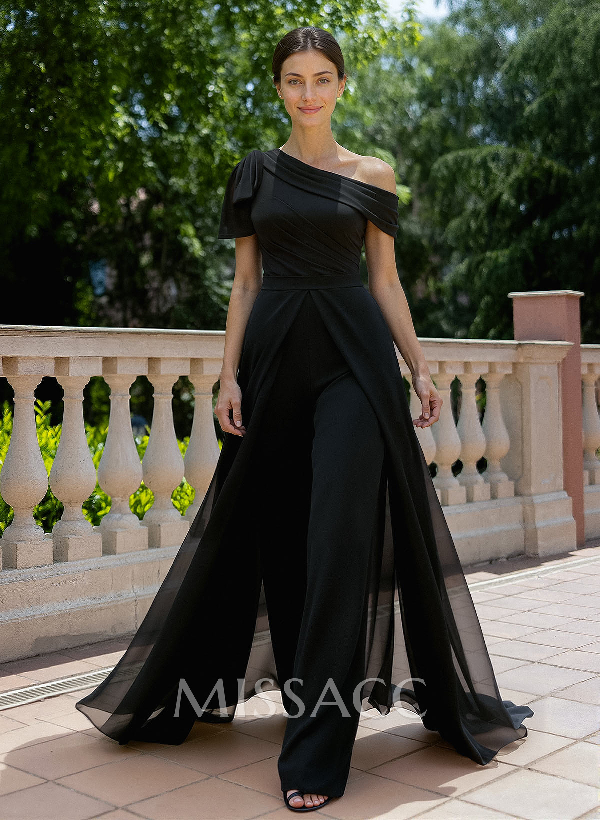 Jumpsuit/Pantsuit Asymmetrical Short Sleeves Detachable Chiffon Evening Dresses With Bow(s)