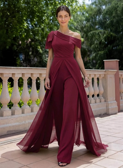 Jumpsuit/Pantsuit Asymmetrical Short Sleeves Detachable Chiffon Evening Dresses With Bow(s)