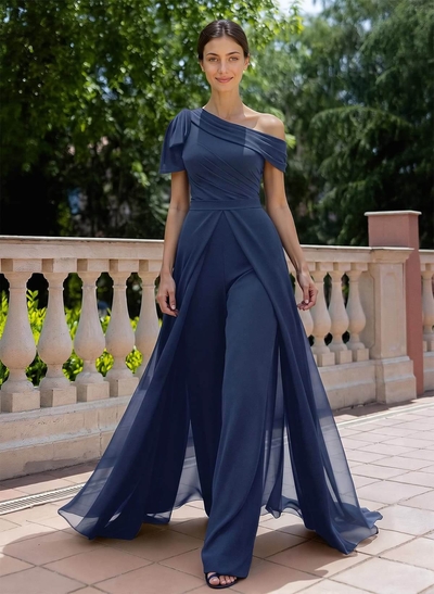 Jumpsuit/Pantsuit Asymmetrical Short Sleeves Detachable Chiffon Evening Dresses With Bow(s)