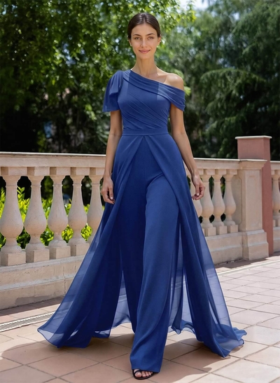 Jumpsuit/Pantsuit Asymmetrical Short Sleeves Detachable Chiffon Evening Dresses With Bow(s)