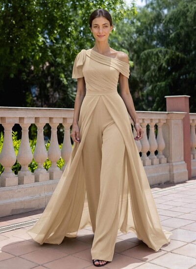 Jumpsuit/Pantsuit Asymmetrical Short Sleeves Detachable Chiffon Evening Dresses With Bow(s)