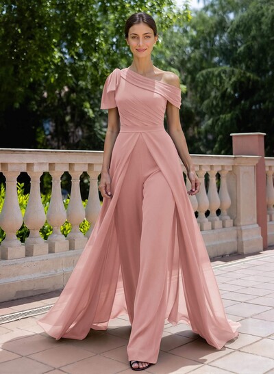 Jumpsuit/Pantsuit Asymmetrical Short Sleeves Detachable Chiffon Evening Dresses With Bow(s)