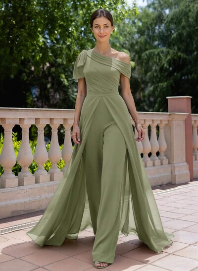 Jumpsuit/Pantsuit Asymmetrical Short Sleeves Detachable Chiffon Evening Dresses With Bow(s)