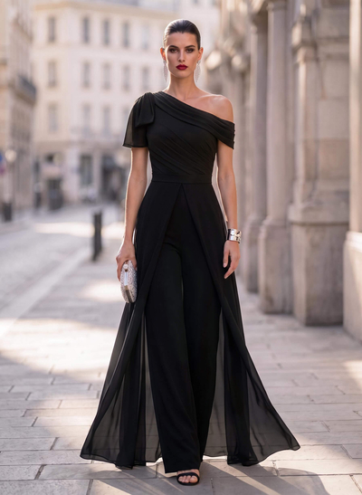 Jumpsuit/Pantsuit Asymmetrical Short Sleeves Detachable Chiffon Evening Dresses With Bow(s)
