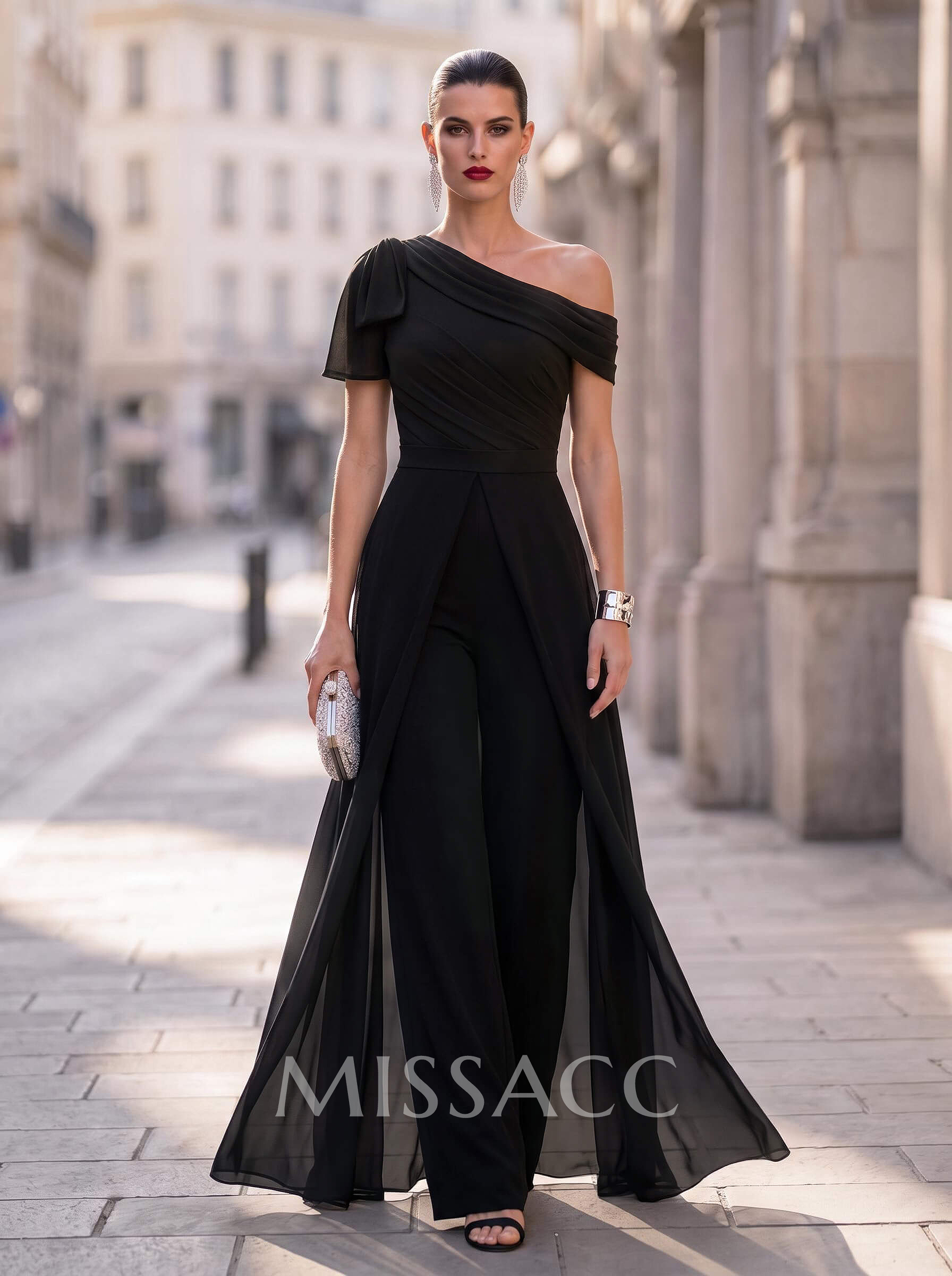 Jumpsuit/Pantsuit Asymmetrical Short Sleeves Detachable Chiffon Evening Dresses With Bow(s)