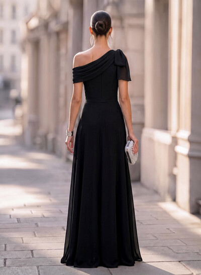 Jumpsuit/Pantsuit Asymmetrical Short Sleeves Detachable Chiffon Evening Dresses With Bow(s)