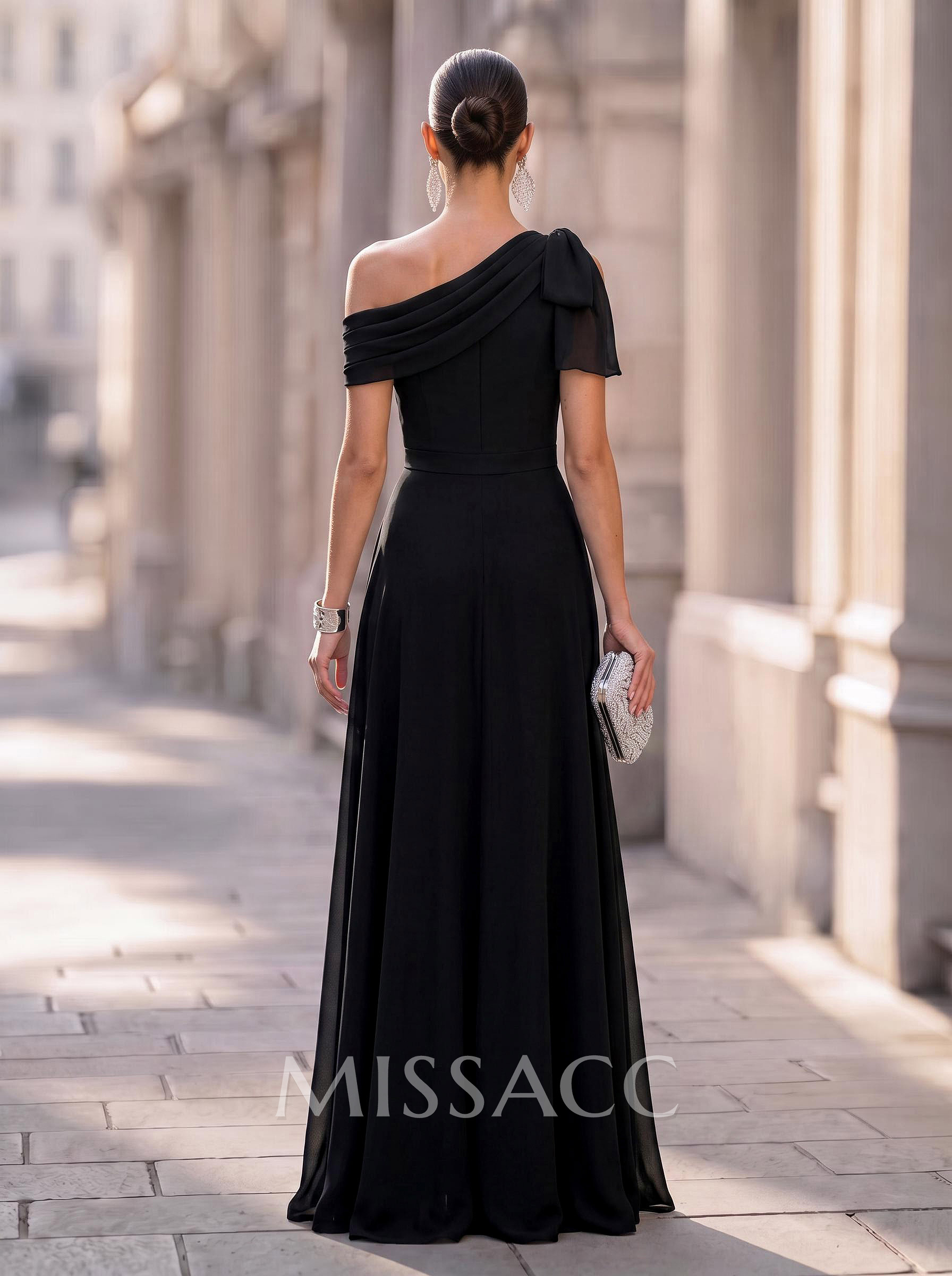 Jumpsuit/Pantsuit Asymmetrical Short Sleeves Detachable Chiffon Evening Dresses With Bow(s)