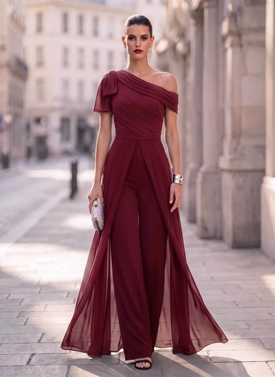 Jumpsuit/Pantsuit Asymmetrical Short Sleeves Detachable Chiffon Evening Dresses With Bow(s)