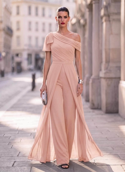 Jumpsuit/Pantsuit Asymmetrical Short Sleeves Detachable Chiffon Evening Dresses With Bow(s)