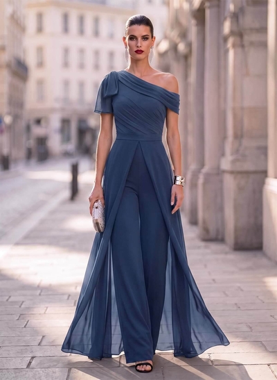 Jumpsuit/Pantsuit Asymmetrical Short Sleeves Detachable Chiffon Evening Dresses With Bow(s)