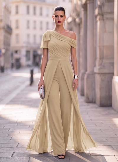 Jumpsuit/Pantsuit Asymmetrical Short Sleeves Detachable Chiffon Evening Dresses With Bow(s)