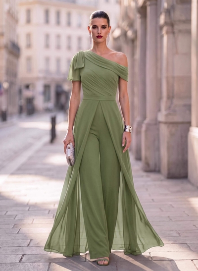 Asymmetrical Short Sleeve Jumpsuit/Pantsuit Evening Dress with Detachable Chiffon & Bow Detail