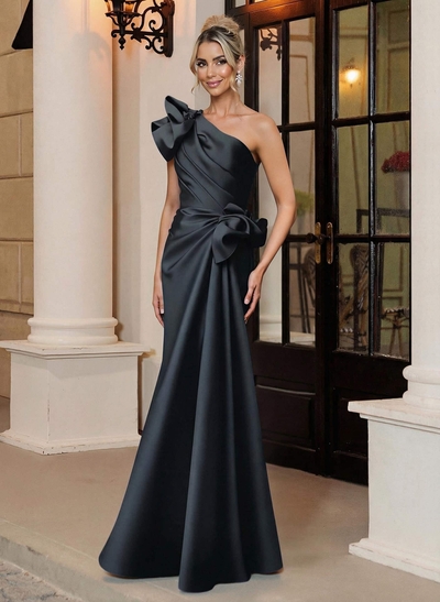 Trumpet Mermaid One-Shoulder Sleeveless Floor-Length Satin Mother Of The Bride Dresses With Shoulder Ruffle