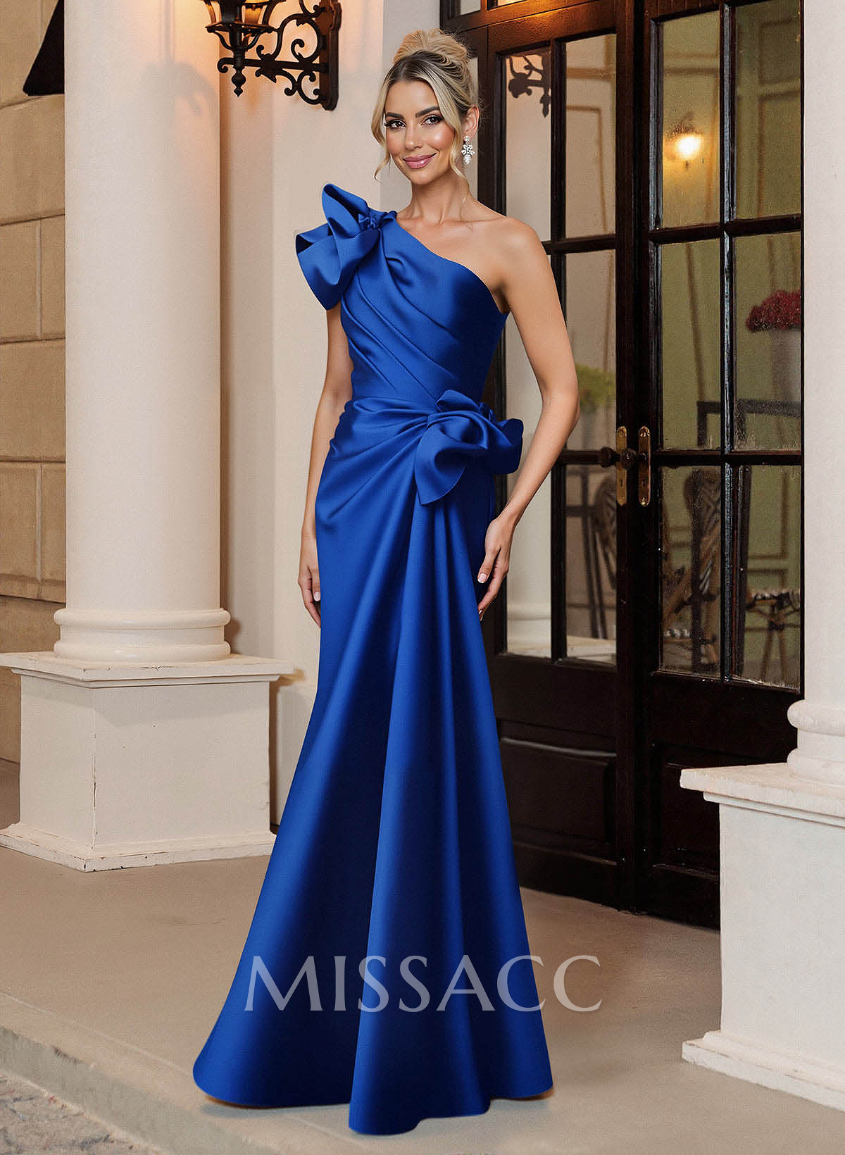 Trumpet Mermaid One-Shoulder Sleeveless Floor-Length Satin Mother Of The Bride Dresses With Shoulder Ruffle Trumpet Mermaid One-Shoulder Sleeveless Floor-Length Satin Mother Of The Bride Dresses With Shoulder Ruffle