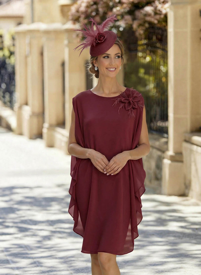 Sheath Column Scoop Neck Sleeveless Knee-Length Chiffon Mother Of The Bride Dresses With Flower(s)