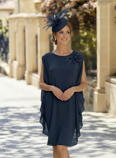 Sheath Column Scoop Neck Sleeveless Ankle-Length Chiffon Mother Of The Bride Dresses With Flower(s)