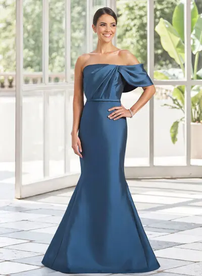 Trumpet Mermaid One-Shoulder Sleeveless Floor-Length Satin Mother Of The Bride Dresses With Bow(s) Shoulder Ruffle