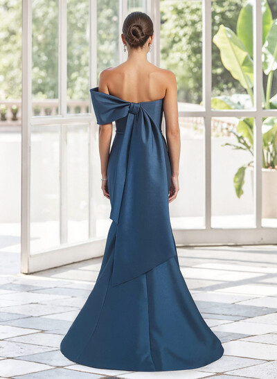 Trumpet Mermaid One-Shoulder Sleeveless Floor-Length Satin Mother Of The Bride Dresses With Bow(s) Shoulder Ruffle