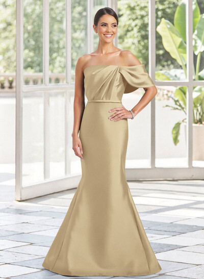 Trumpet Mermaid One-Shoulder Sleeveless Floor-Length Satin Mother Of The Bride Dresses With Bow(s) Shoulder Ruffle