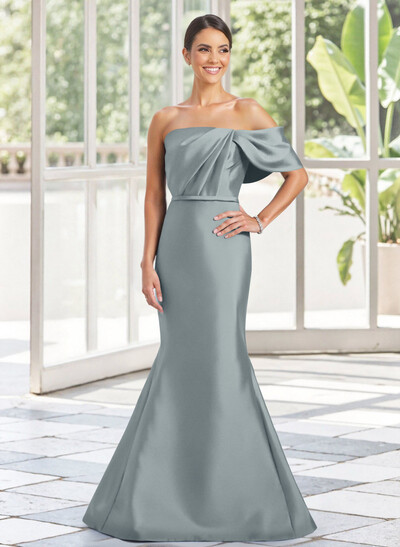 Trumpet Mermaid One-Shoulder Sleeveless Floor-Length Satin Mother Of The Bride Dresses With Bow(s) Shoulder Ruffle