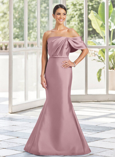 Trumpet Mermaid One-Shoulder Sleeveless Floor-Length Satin Mother Of The Bride Dresses With Bow(s) Shoulder Ruffle