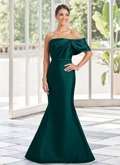 Trumpet Mermaid One-Shoulder Sleeveless Floor-Length Satin Mother Of The Bride Dresses With Bow(s) Shoulder Ruffle