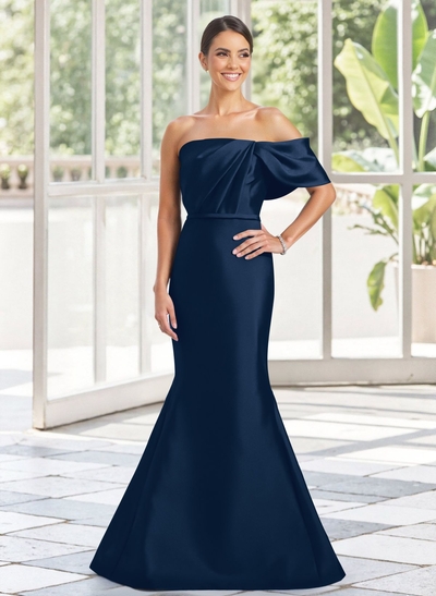 Trumpet Mermaid One-Shoulder Sleeveless Floor-Length Satin Mother Of The Bride Dresses With Bow(s) Shoulder Ruffle