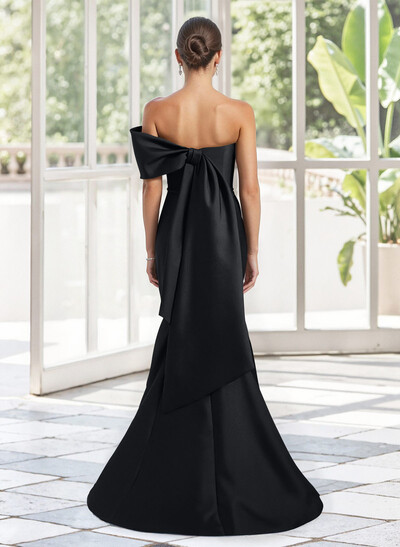 Trumpet Mermaid One-Shoulder Sleeveless Floor-Length Satin Mother Of The Bride Dresses With Bow(s) Shoulder Ruffle