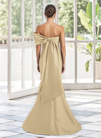 Trumpet Mermaid One-Shoulder Sleeveless Floor-Length Satin Mother Of The Bride Dresses With Bow(s) Shoulder Ruffle