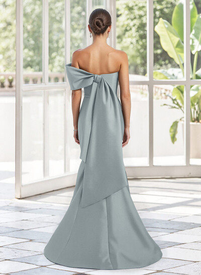 Trumpet Mermaid One-Shoulder Sleeveless Floor-Length Satin Mother Of The Bride Dresses With Bow(s) Shoulder Ruffle