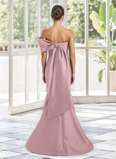 Trumpet Mermaid One-Shoulder Sleeveless Floor-Length Satin Mother Of The Bride Dresses With Bow(s) Shoulder Ruffle