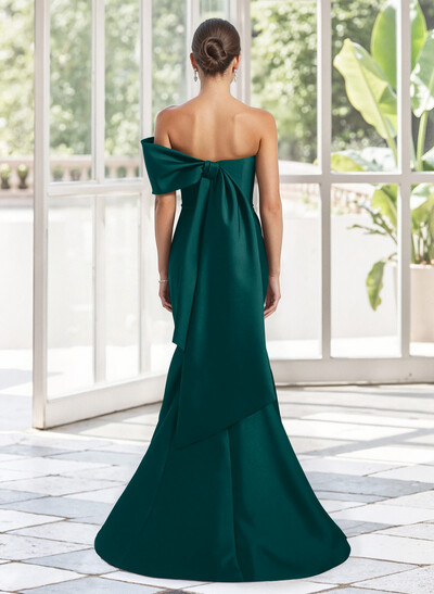 Trumpet Mermaid One-Shoulder Sleeveless Floor-Length Satin Mother Of The Bride Dresses With Bow(s) Shoulder Ruffle