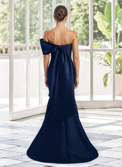 Trumpet Mermaid One-Shoulder Sleeveless Floor-Length Satin Mother Of The Bride Dresses With Bow(s) Shoulder Ruffle