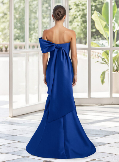 Trumpet Mermaid One-Shoulder Sleeveless Floor-Length Satin Mother Of The Bride Dresses With Bow(s) Shoulder Ruffle