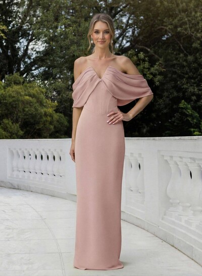 Sheath Column Sweetheart Short Sleeves Floor-Length Elastic Satin Mother Of The Bride Dresses With Shoulder Ruffle Back Slit