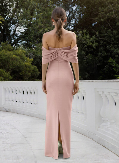 Sheath Column Sweetheart Short Sleeves Floor-Length Elastic Satin Mother Of The Bride Dresses With Shoulder Ruffle Back Slit